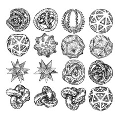 Set of decorative balls in hand drawn style. Abstract magic balls or mysterious orbs with holes, 3d printing sphere crystal. Vector.