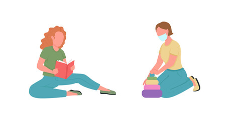 Obraz premium Kindergarten teachers flat color vector faceless characters set. Woman read book. Girl in mask. Preschool classes isolated cartoon illustration for web graphic design and animation collection