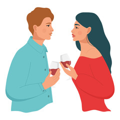 Beautiful young couple with glasses of red wine. Valentine's Day. Modern design for greeting card, poster, print. Flat vector illustration.