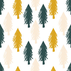 Naklejka na ściany i meble Christmas tree hand-drawn doodle vector seamless pattern design for fabric, wrapping, textile, wallpaper, background.
