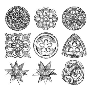 Set of Baroque ancient vintage style floral circular and rhombus or square design elements. Low poly geometry shape star crystals. Vector.