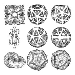 Set of decorative balls in hand drawn style. Magic balls or mysterious orbs with holes, 3d printing sphere crystal. IHS Ancient medieval Christogram. Christian monogram of Jesus Christ, Vector.