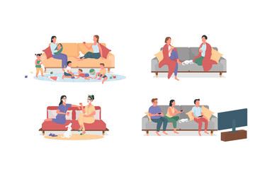 Resting at home on couch flat color vector faceless characters set. Baby sitting, video games fun. Weekend entertainment isolated cartoon illustration for web graphic design and animation collection
