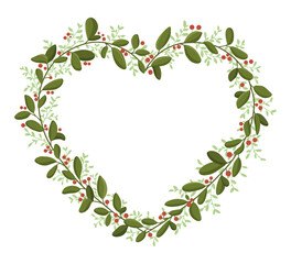 Floral heart-shaped wreath with green leaves and berries. Modern design for Holidays invitation card, poster, banner, greeting card, postcard, packaging, print. Vector illustration.