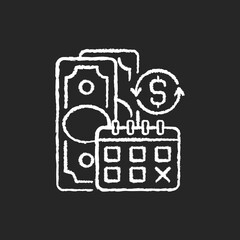 Regular payments chalk white icon on black background. Coverage term. Determined interval. Recurring payment. Debt satisfying. Credit contracts. Isolated vector chalkboard illustration