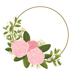 Floral wreath with pink flowers, green leaves and berries. Modern design for Holidays invitation card, poster, banner, greeting card, postcard, packaging, print. Vector illustration.