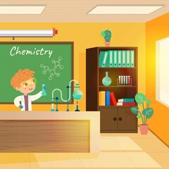 Chemistry lesson in classroom. Education in school vector illustration. Boy doing chemistry experiment at school. Blackboard and bookcase