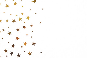 Star shaped golden confetti on white background, top view