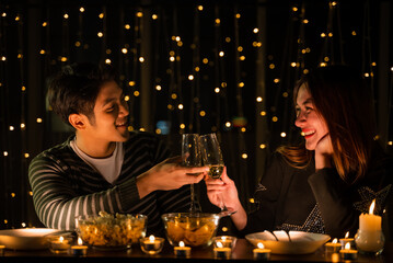 young couple celebrate at night party, romance date and love concept for Valentine's Day