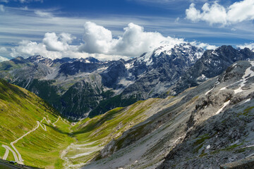 Mountain landscape along the road to Stelvio pass at summer
