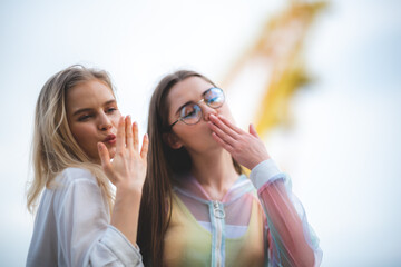 LGBT concept, Young women at Amusement theme park enjoying, Smiling multiethnic women enjoying and fun, Diversity, tolerance and gender identity concept, Valentine's Day