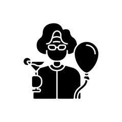 Retirement party black glyph icon. Retiree with drink and balloon. Birthday anniversary for senior woman. Elderly person congratulation. Silhouette symbol on white space. Vector isolated illustration