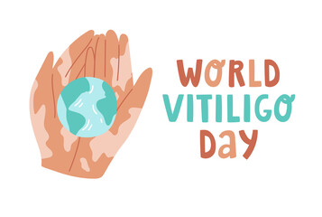 Vector illustration with hands holding planet earth and text lettering. World vitiligo day design concept. Support people with vitiligo skin disease. For blog, articles, poster, banner