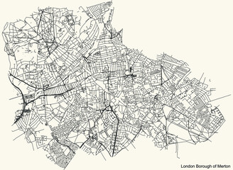 Fototapeta na wymiar Black simple detailed street roads map on vintage beige background of the neighbourhood London Borough of Merton, England, United Kingdom