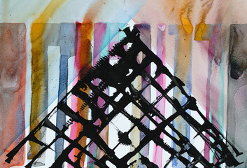 An ink and watercolour study based around watercolor columns and a pyramid in indian ink.