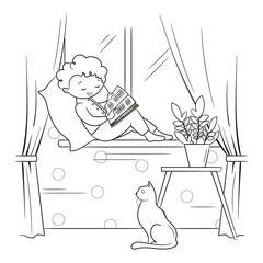 Fototapeta na wymiar a little boy, sitting on the windowsill near the window, holds in his hand a fascinating book. Nearby, a cat sits on the floor. Coloring book for children, black and white sketch, illustration, vector