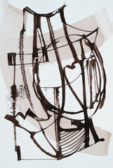 A Monochrome Abstract Calligraphic Design.  Rough bistre and white line art from a cola pen. - 405569959
