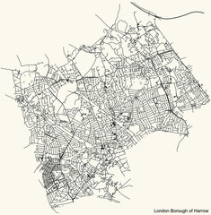 Fototapeta premium Black simple detailed street roads map on vintage beige background of the neighbourhood London Borough of Harrow, England, United Kingdom