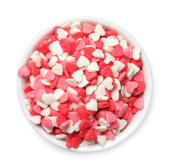 Sweet candy hearts in bowl on white background, top view
