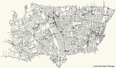 Black simple detailed street roads map on vintage beige background of the neighbourhood London Borough of Haringey, England, United Kingdom