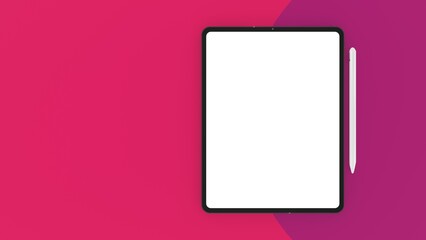 Clay tablet  similar to Apple iPad Pro 12.9 computer and pen horizontal mockup on Pink background  - front view