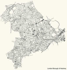 Black simple detailed street roads map on vintage beige background of the neighbourhood London Borough of Hackney, England, United Kingdom