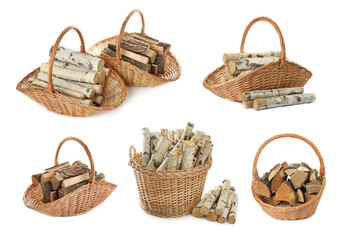 Set of cut firewood in wicker baskets on white background