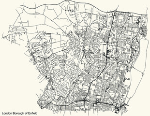 Black simple detailed street roads map on vintage beige background of the neighbourhood London Borough of Enfield, England, United Kingdom