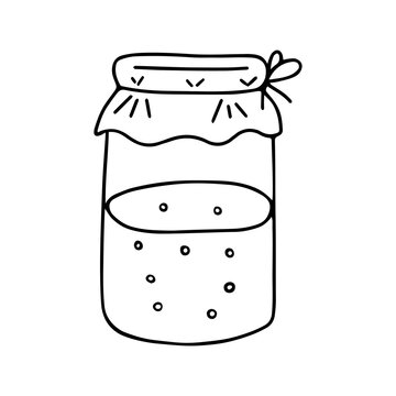 Black hand drawing vector illustration of a glass jar with cherry jam or compote isolated on a white background