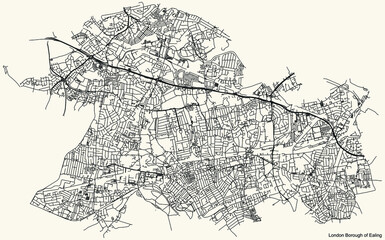 Black simple detailed street roads map on vintage beige background of the neighbourhood London Borough of Ealing, England, United Kingdom