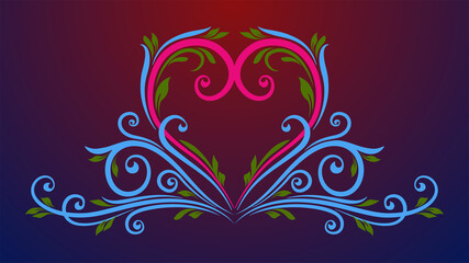 Sweet Colors Decorative Curly Heart Vine Flourish With Swirls And Leaves Background Design