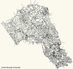 Black simple detailed street roads map on vintage beige background of the neighbourhood London Borough of Camden, England, United Kingdom
