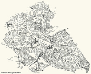 Fototapeta na wymiar Black simple detailed street roads map on vintage beige background of the neighbourhood London Borough of Brent, England, United Kingdom