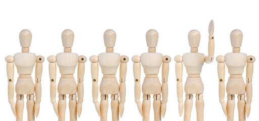 Business Leadership Concept : One in group of wooden figure mannequin rise hand up on white background.