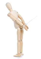 Wooden man mannequin tied hands on white background isolation