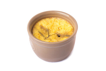 French dish julienne. Mushroom, chicken and cheese gratin in a clay pot, isolated on white