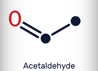 Acetaldehyde, ethanal, CH3CHO molecule. It is ketone, is used in the manufacture of acetic acid, perfumes, dyes, drugs, as a flavoring agent. Skeletal chemical formula