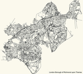 Black simple detailed street roads map on vintage beige background of the neighbourhood London Borough of Richmond upon Thames, England, United Kingdom