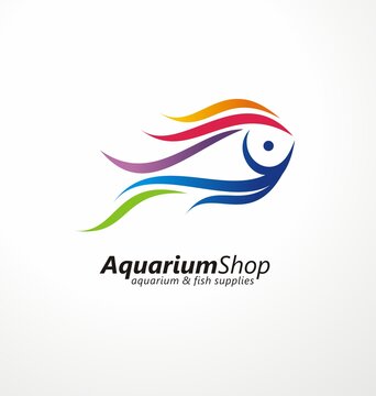 Aquarium shop artistic logo design idea with wonderful colorful fish. Tropical fish creative symbol for aquatic activities. Fish aquariums and supplies pet store vector icon layout.  