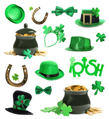 Set with traditional items for St. Patrick's Day celebration on white background