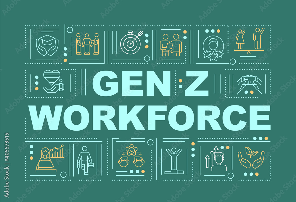 Wall mural gen z workforce concepts banner. wellness and physical health in workplace. infographics with linear