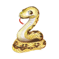 Watercolor cartoon snake illustration, small yellow python, child print, cartoon reptile