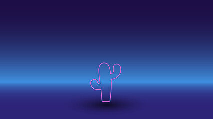 Neon cactus symbol on a gradient blue background. The isolated symbol is located in the bottom center. Gradient blue with light blue skyline