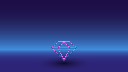 Fototapeta premium Neon diamond symbol on a gradient blue background. The isolated symbol is located in the bottom center. Gradient blue with light blue skyline