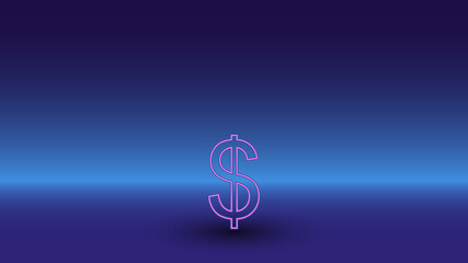 Neon dollar symbol on a gradient blue background. The isolated symbol is located in the bottom center. Gradient blue with light blue skyline
