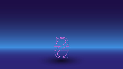 Neon hryvnia symbol on a gradient blue background. The isolated symbol is located in the bottom center. Gradient blue with light blue skyline
