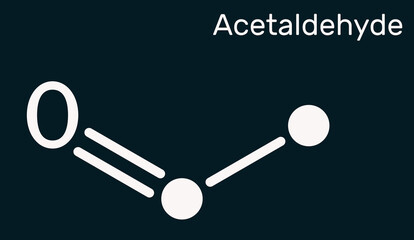 Acetaldehyde, ethanal, CH3CHO molecule. It is ketone, is used in the manufacture of acetic acid, perfumes, dyes, drugs, as a flavoring agent. Skeletal chemical formula on the dark blue background