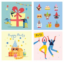 Puppy party background. Cute greeting card with presents and puppies