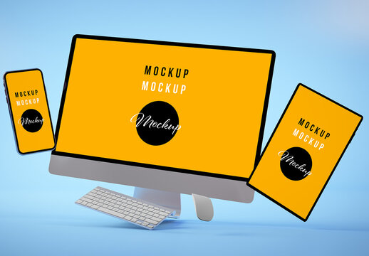Responsive Devices Floating with Blue Background Mockup