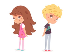 Sad angry boy and girl standing. Frustrated children with dislike face expressions. Negative emotion and distress vector illustration. Cute little kids in bad mood on white background